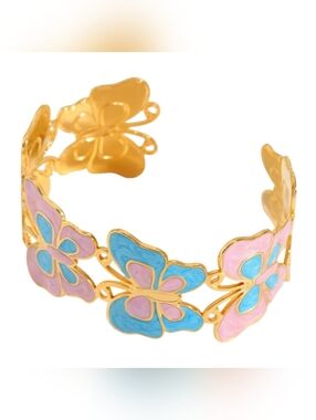 Cuff Bracelet Butterfly 18K Gold Plating On Stainless Steel Pinkish/Purple Blue